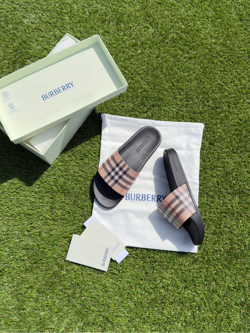 Burberry Black Slide Sandals with Beige Nova Check Strap